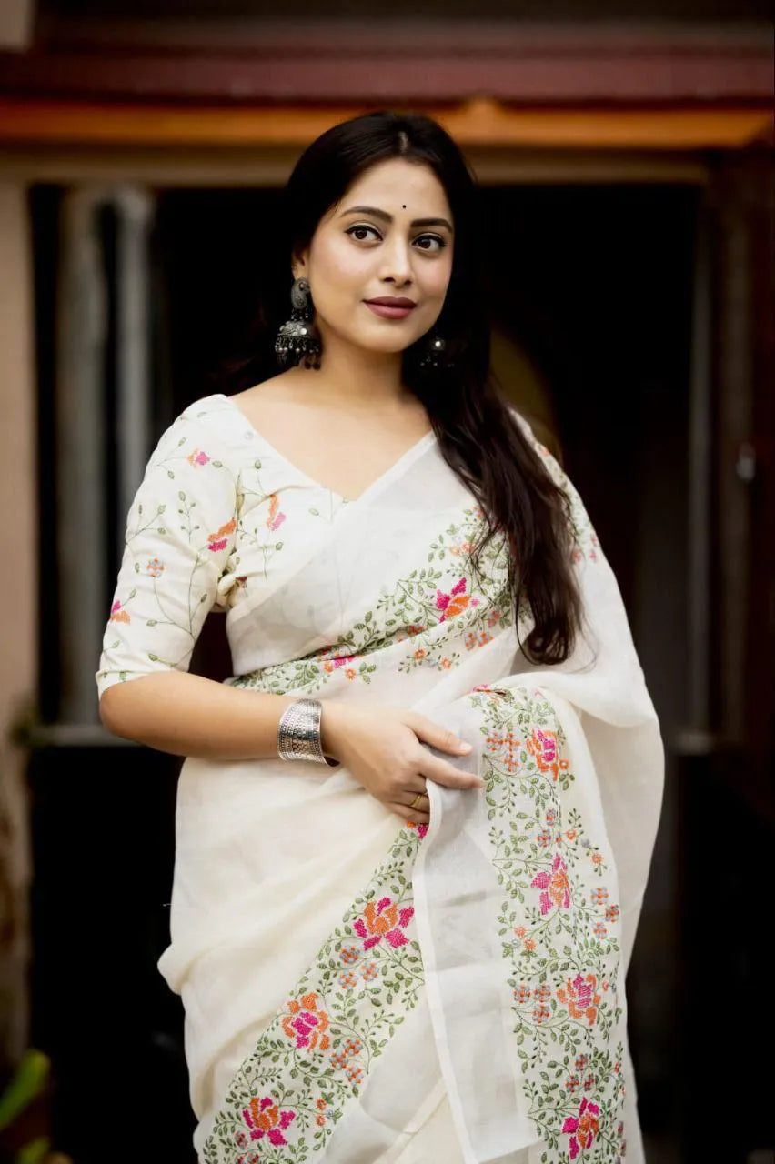 Linen Saree with Floral Embroidery & Silk Embroidery Blouse | New Collection